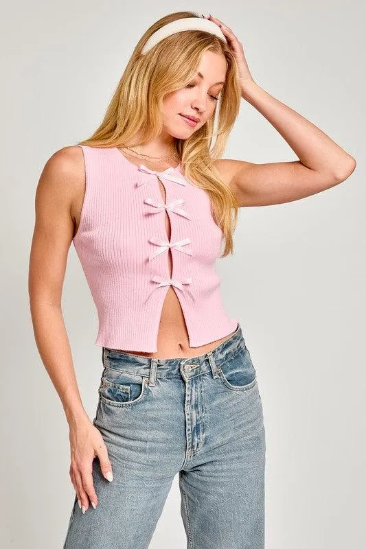 LE LIS Satin Bow Sleeveless Sweater Top