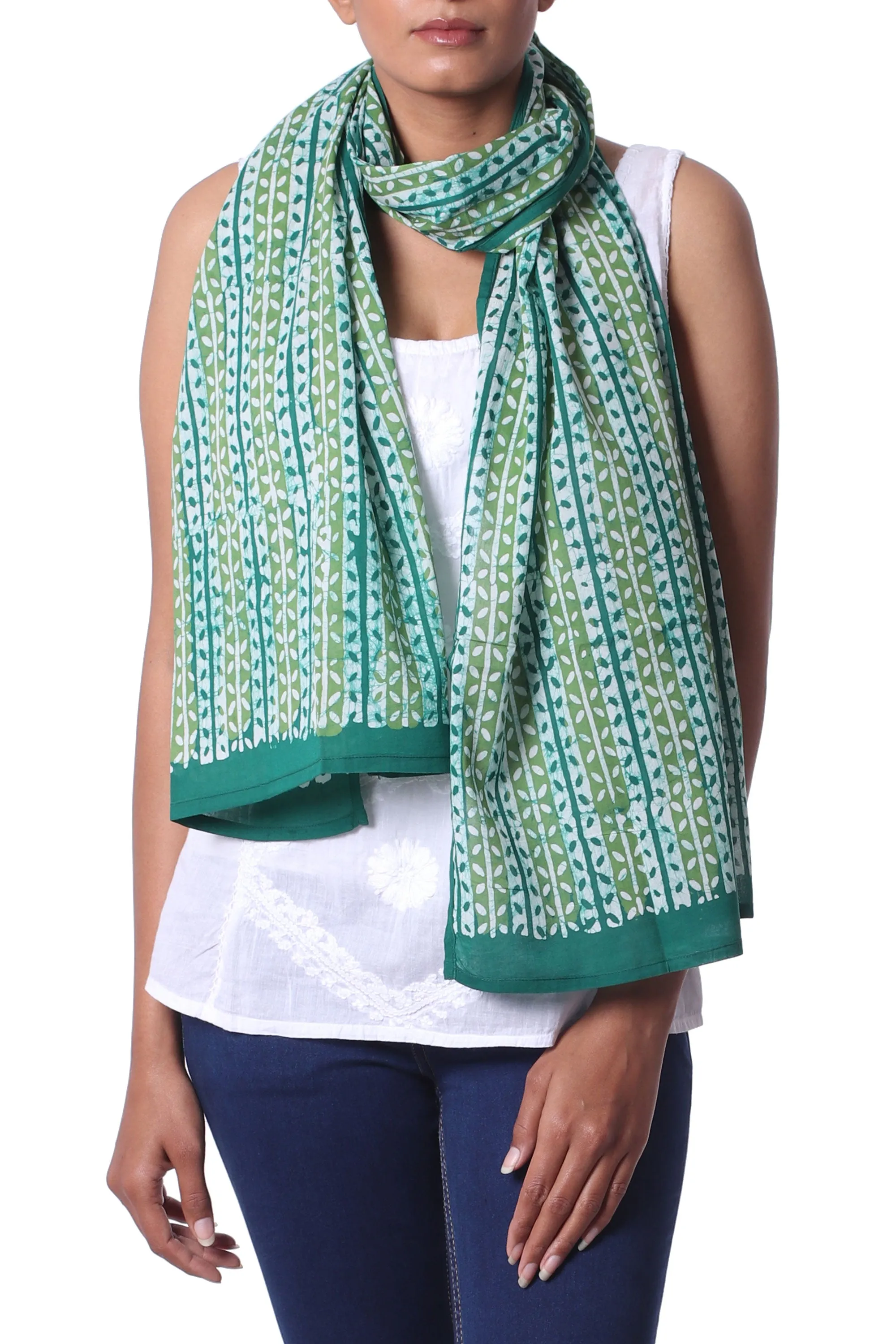 Green Batik Cotton Shawl with Indian Woodblock Dyed Vine Pattern