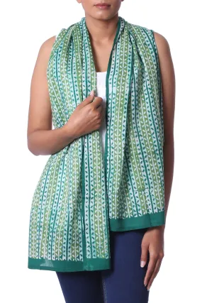 Green Batik Cotton Shawl with Indian Woodblock Dyed Vine Pattern