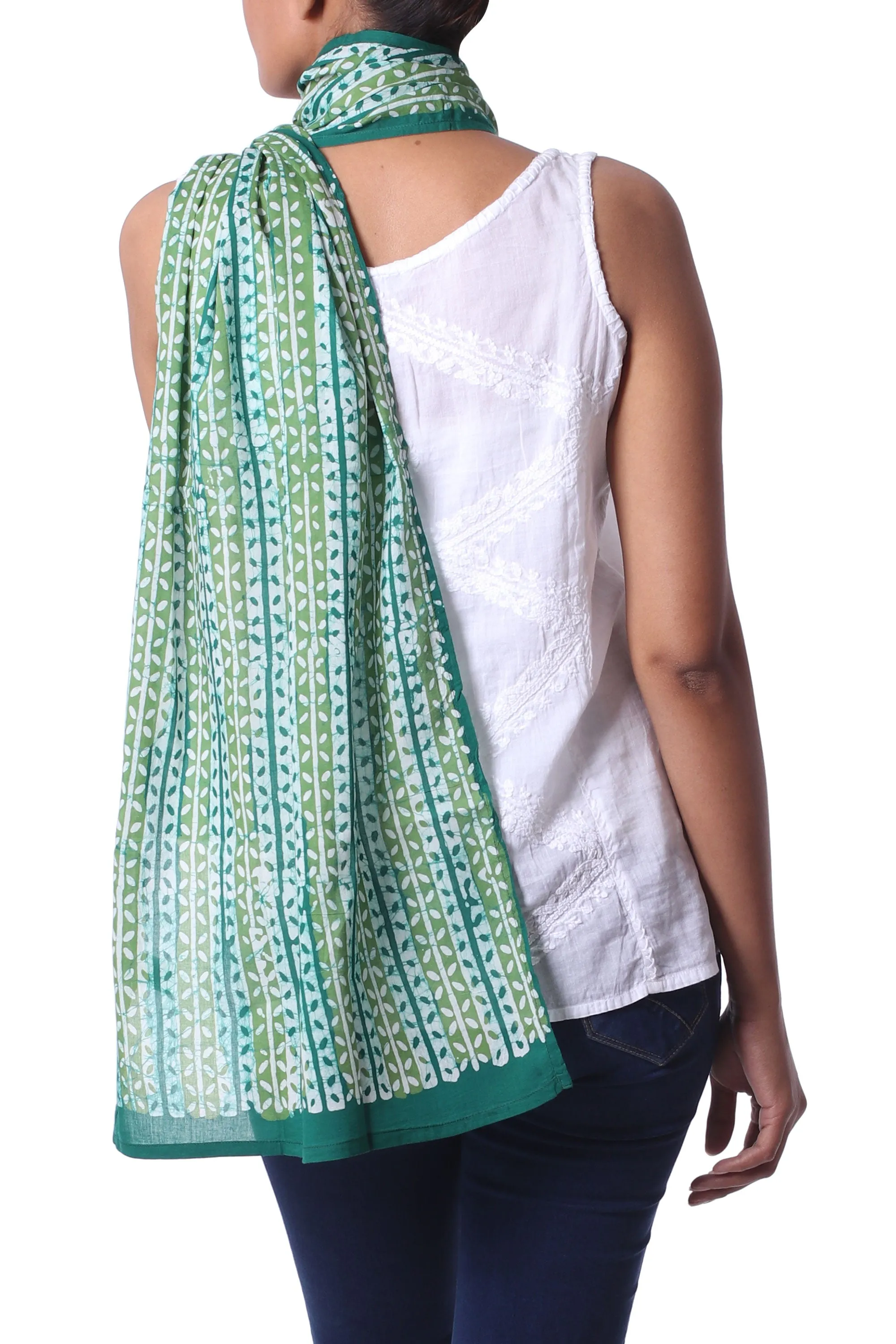 Green Batik Cotton Shawl with Indian Woodblock Dyed Vine Pattern