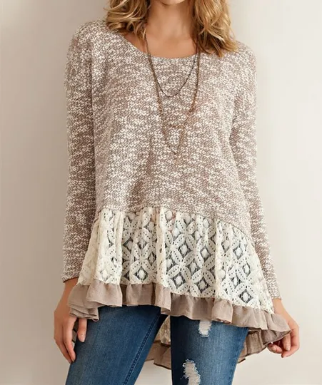 Lightweight Mocha Sweater Tunic with Ruffle Hem