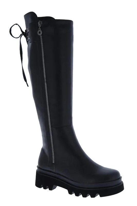 Chunky Heel Knee-High Boots with Lug Sole and Zipper