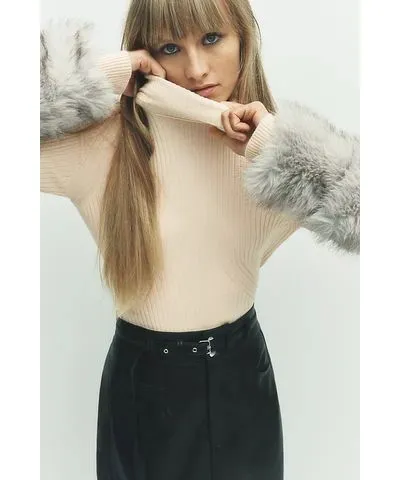 Maeve Faux-Fur Cuff Ribbed Turtleneck Sweater