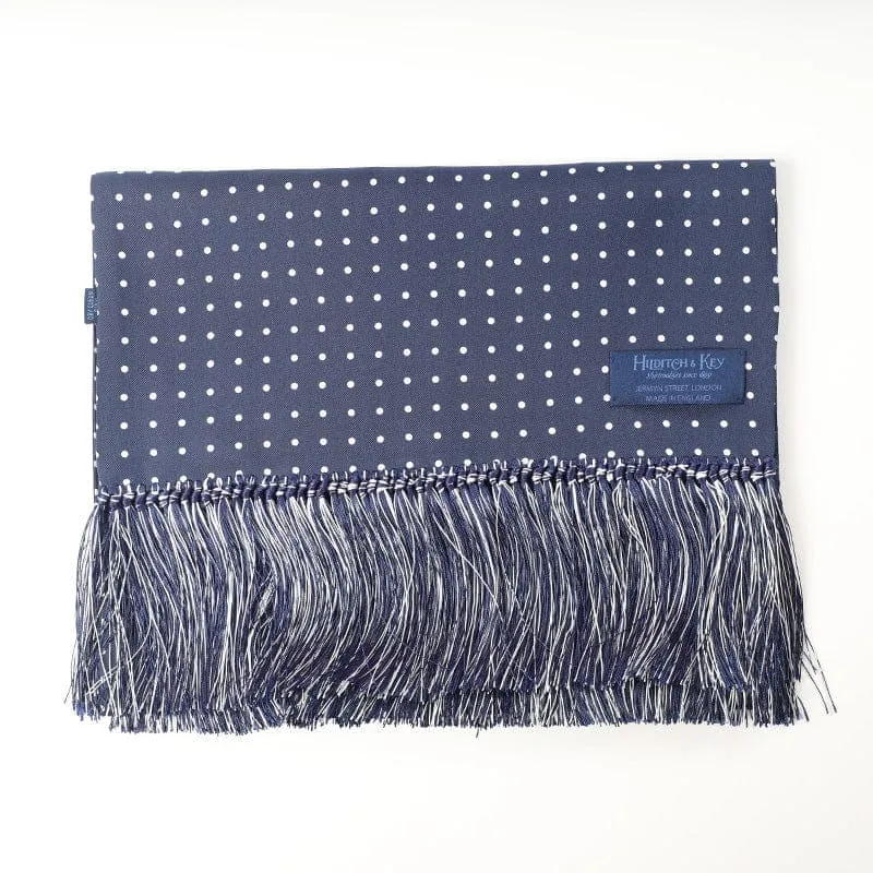 Navy White Polka Dot Silk Scarf.