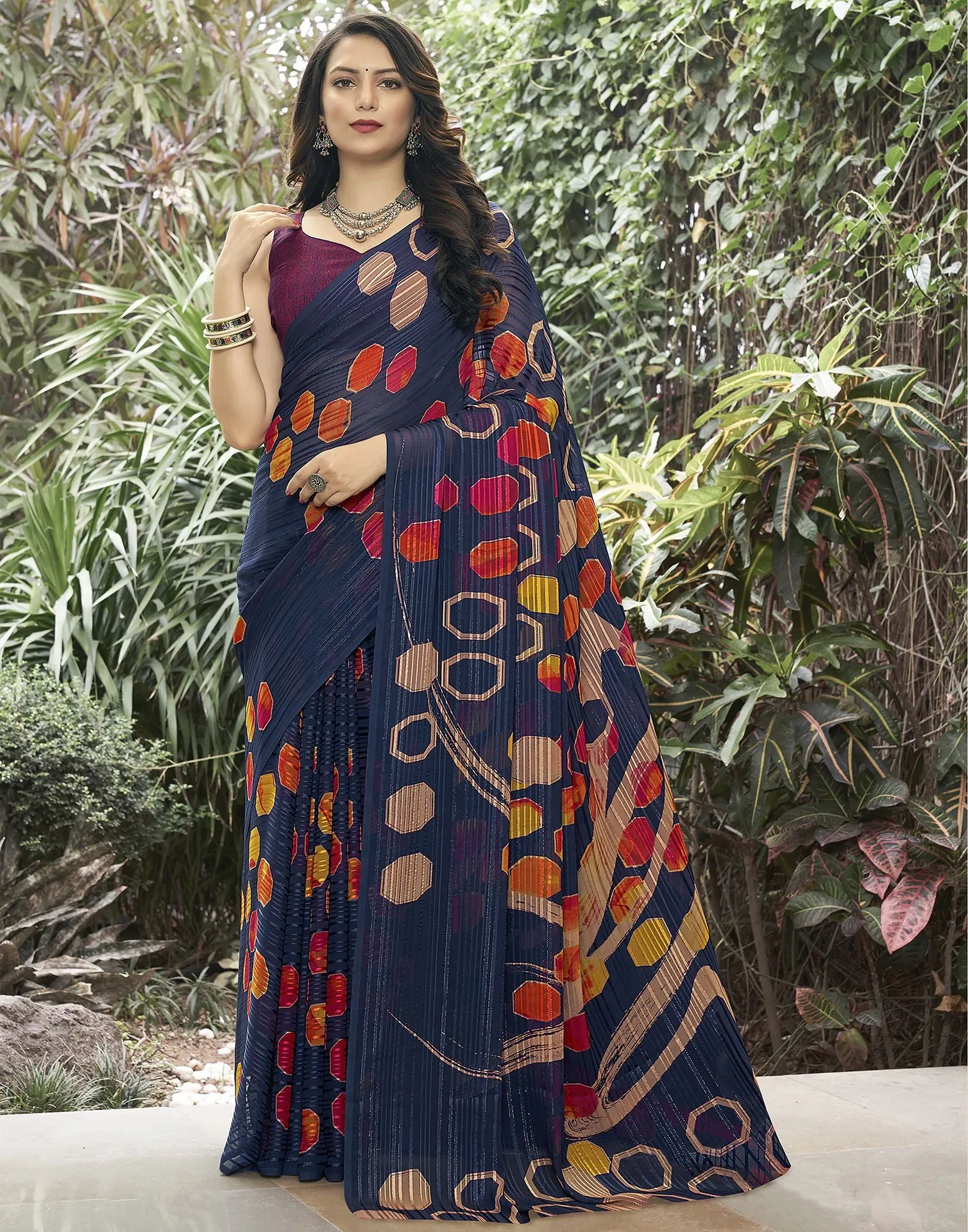 Navy Blue Printed Saree