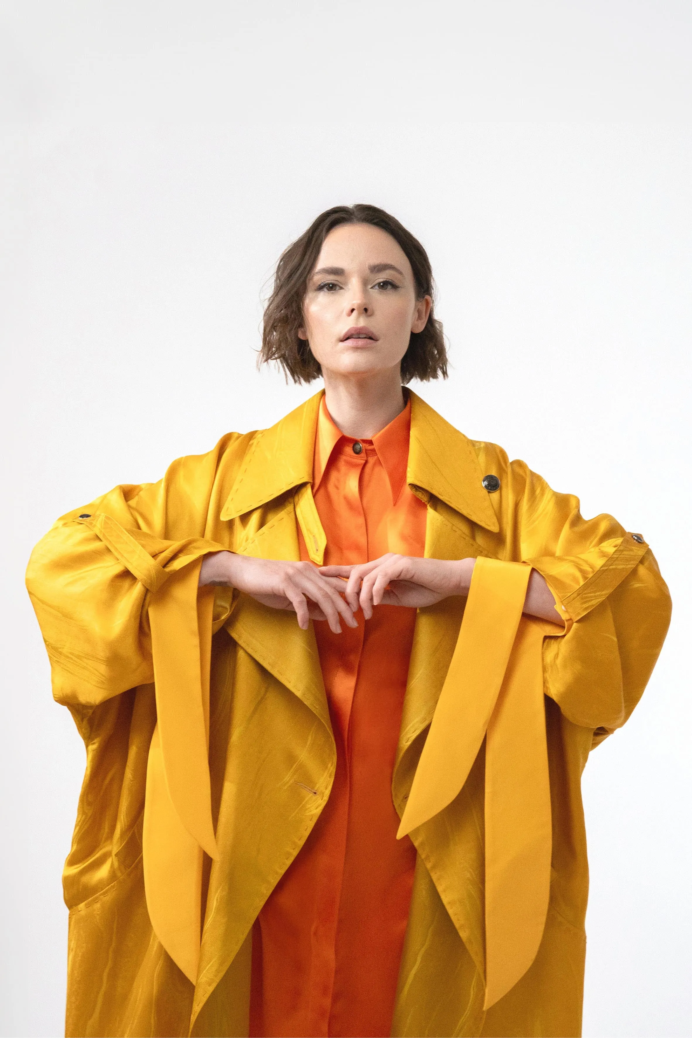 Oversize Fluid Coat in Yellow Marble Silk by LINQ