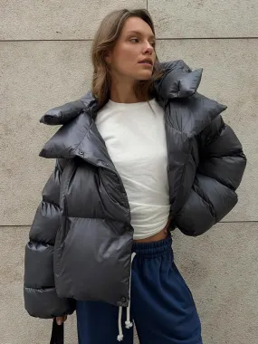 Oversized Puffer Coat with Hood, Front Button Closure, Solid Color, Winter Outerwear.