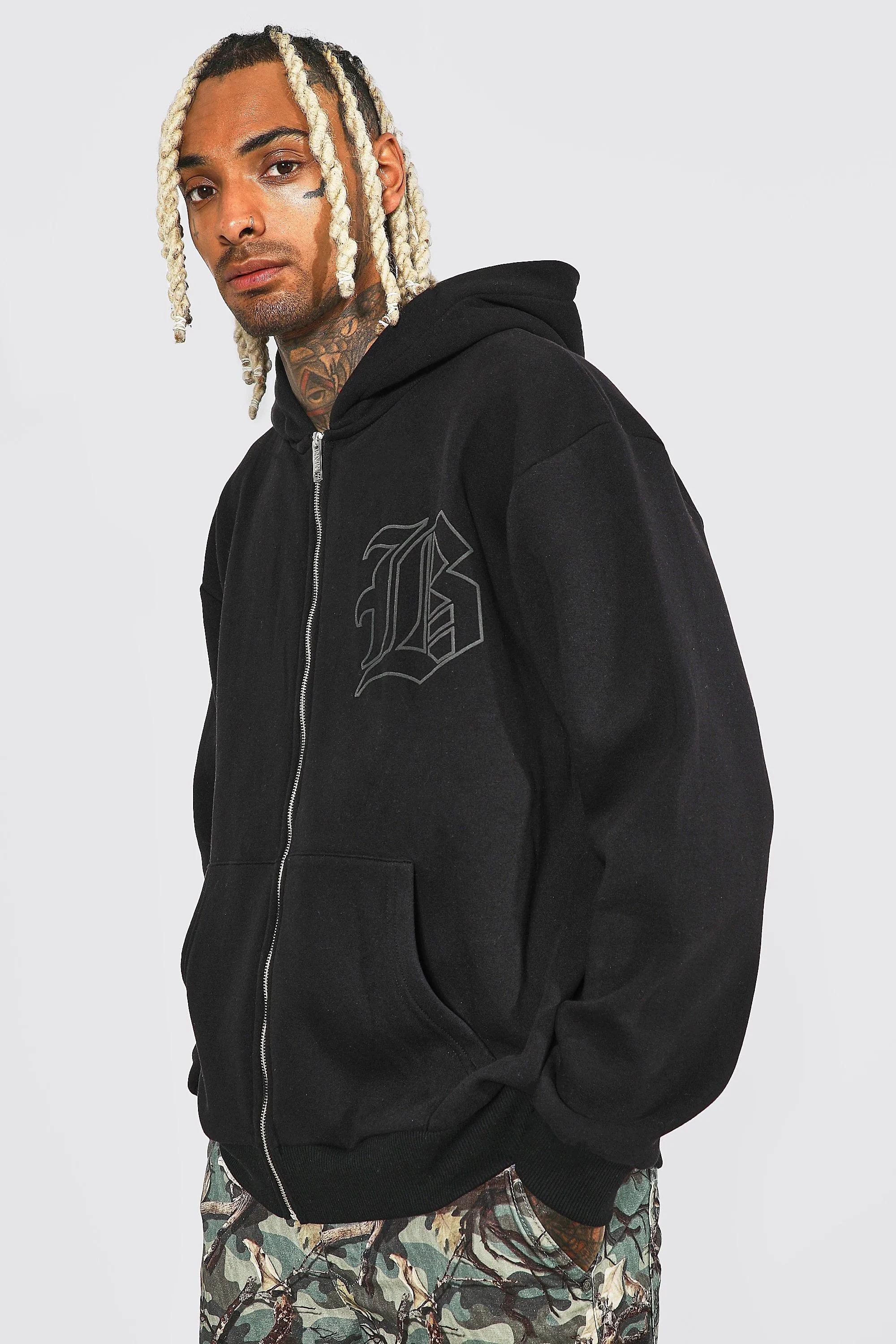 Oversized Varsity Puff Zip Through Hoodie | boohooMAN UK
