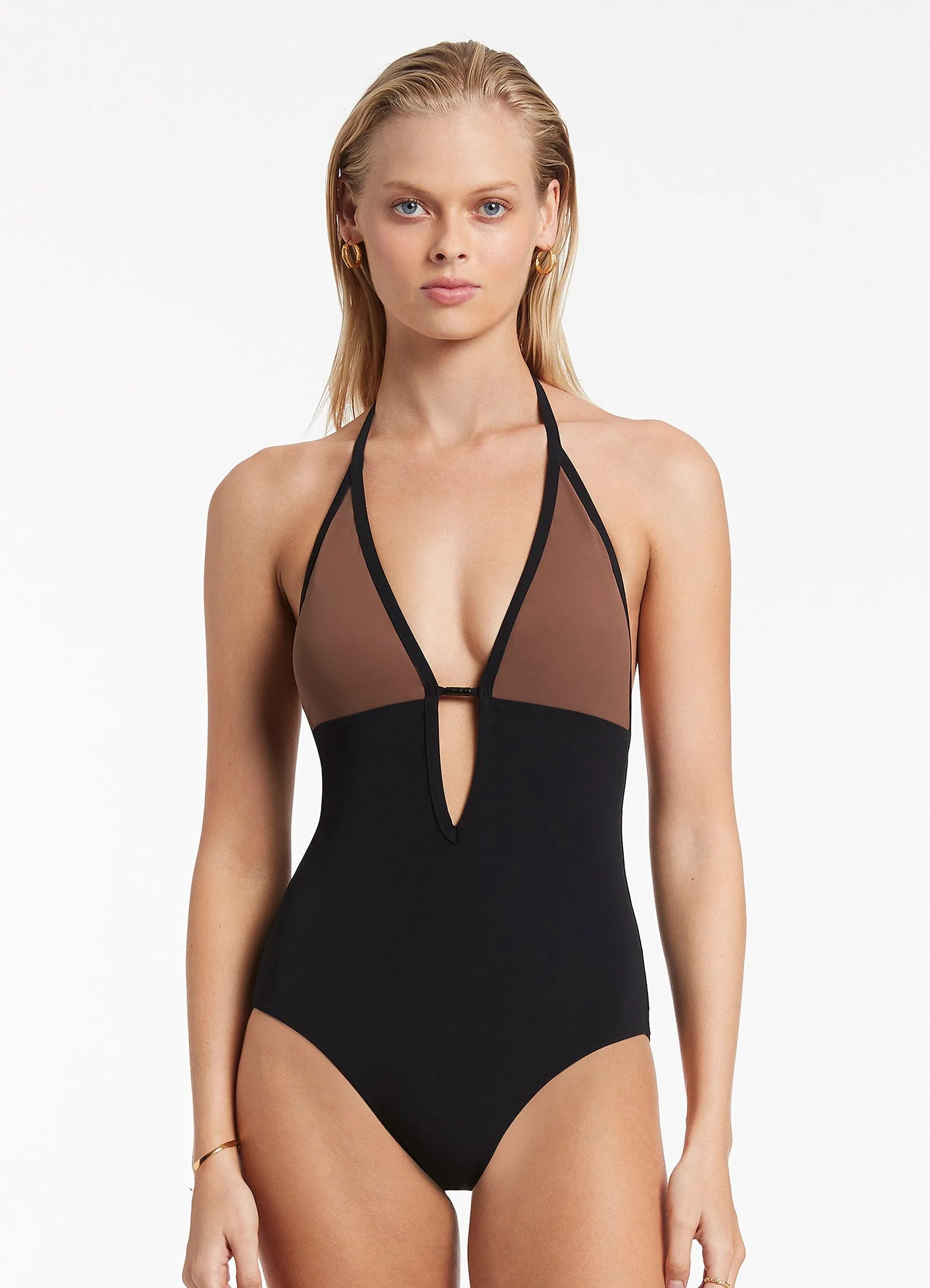 Plunge One Piece Swimsuit in Latte