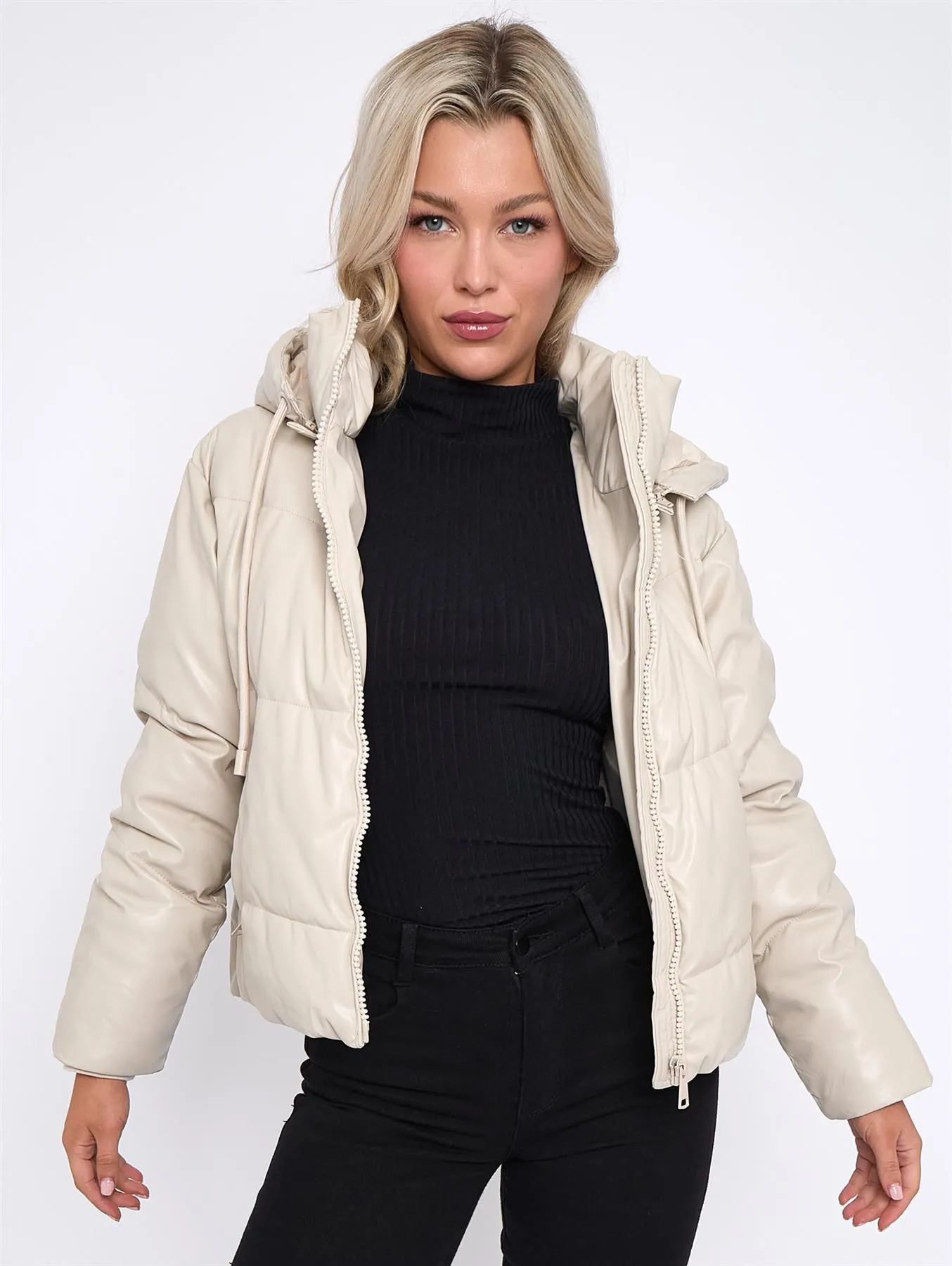 PU Padded Bomber Jacket in Black and Stone - Available in UK Sizes 10 to 14