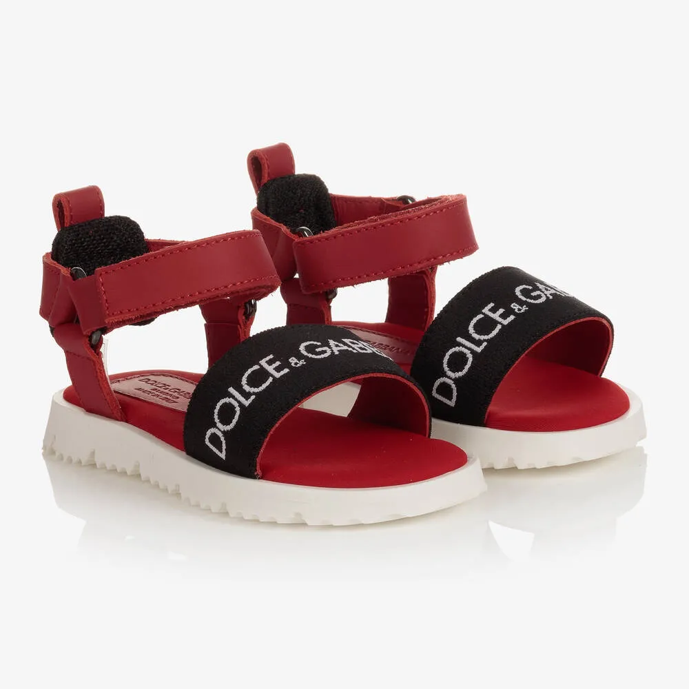 Red and Black Leather Logo Sandals