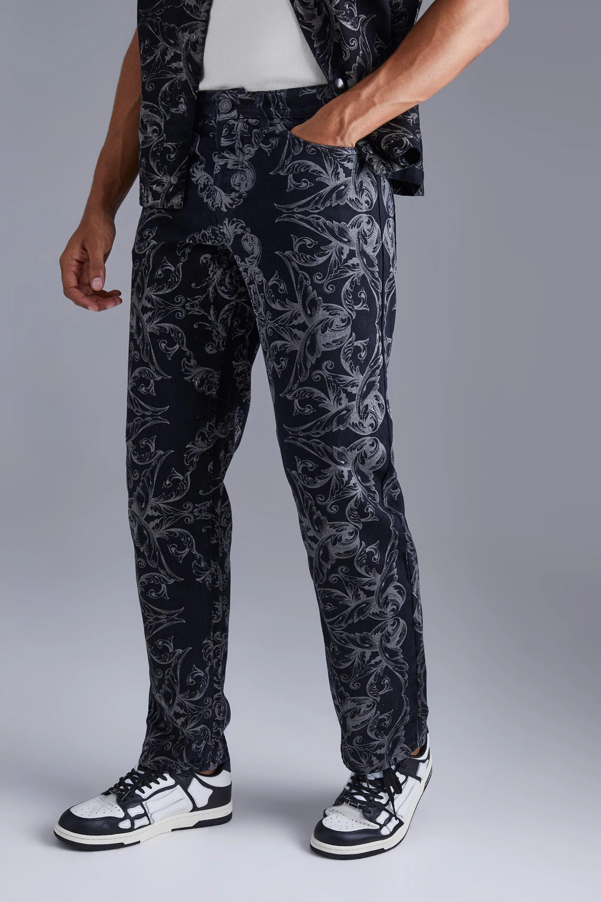 Relaxed Fit Baroque Print Jeans | boohooMAN UK