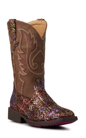 Roper Children's Brown and Multi-Color Glitter Aztec Square Toe Western Boot