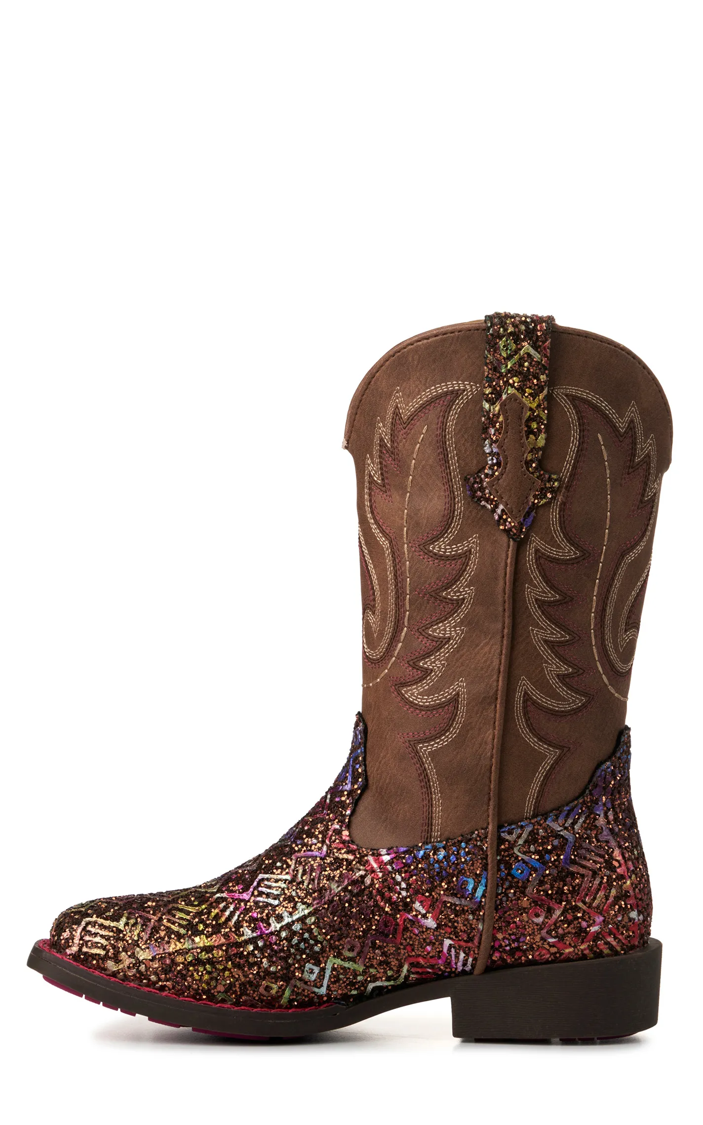 Roper Children's Brown and Multi-Color Glitter Aztec Square Toe Western Boot