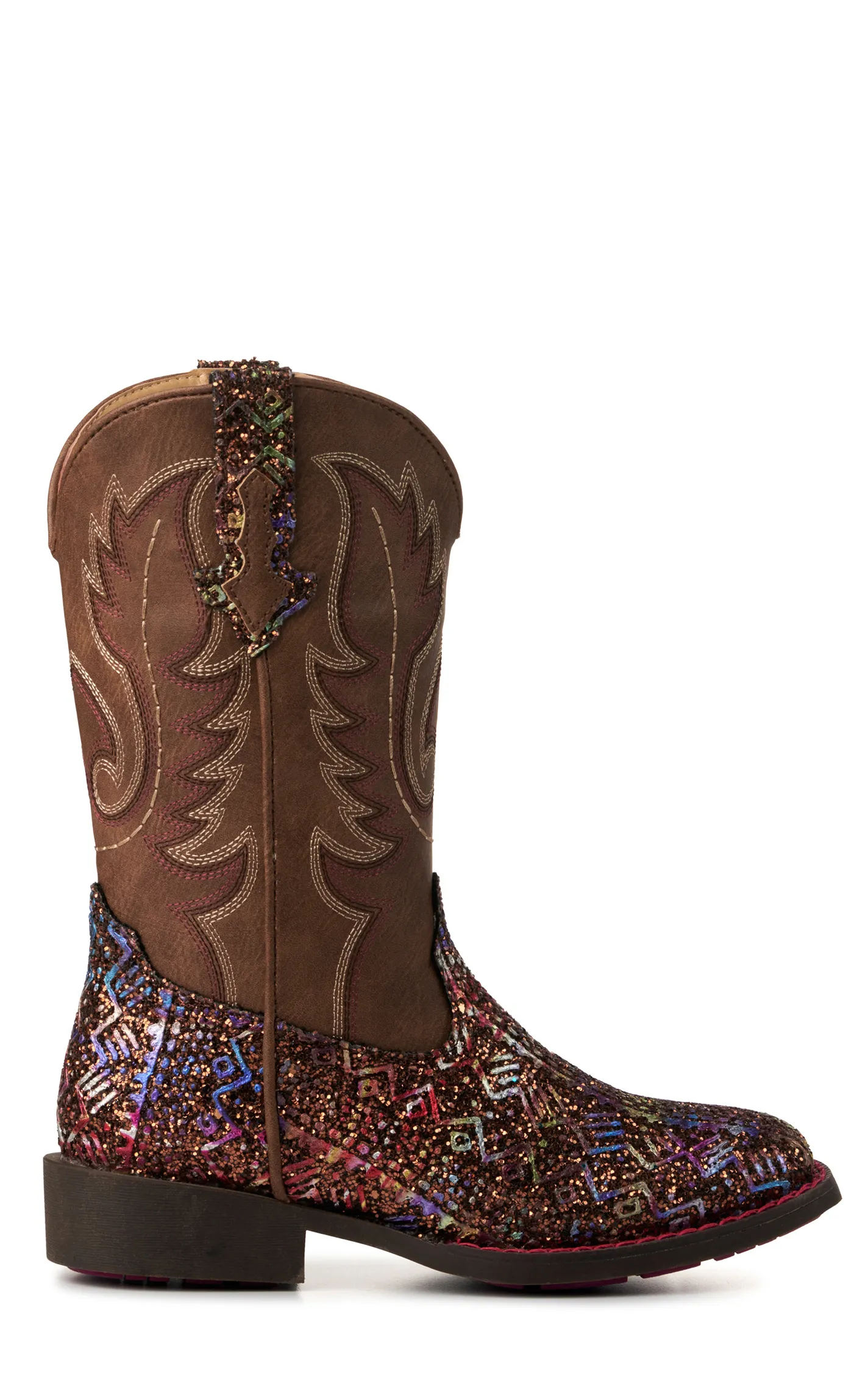 Roper Children's Brown and Multi-Color Glitter Aztec Square Toe Western Boot