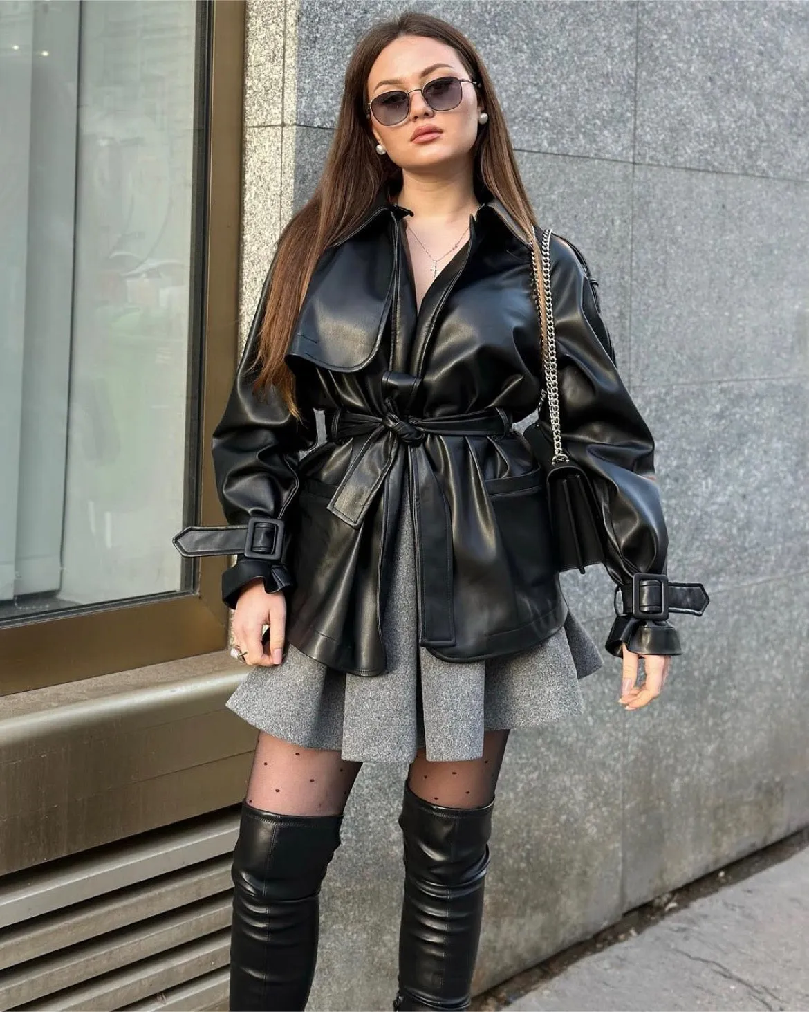 Short Leather-Look Trench Coat