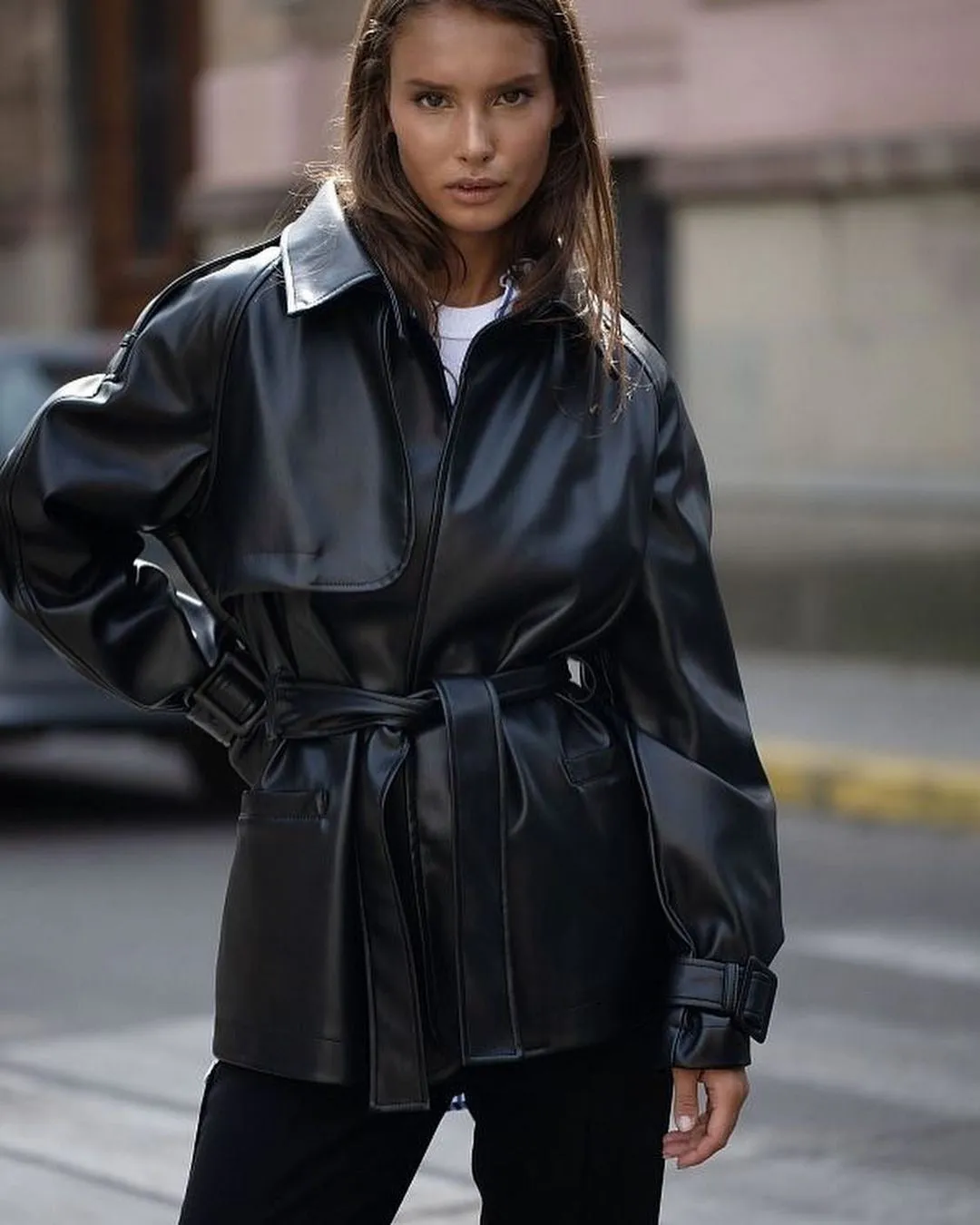 Short Leather-Look Trench Coat