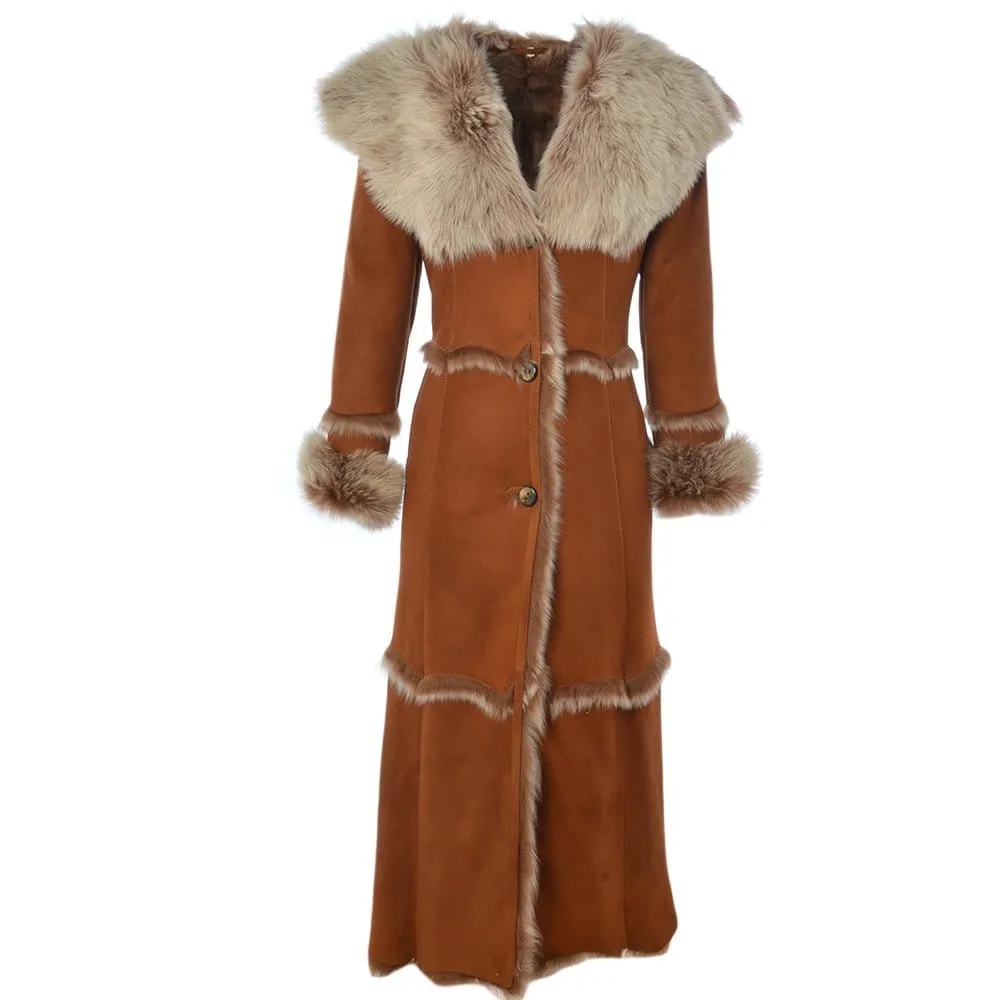 Sophia Sheepskin Coat in Tan-Length Sheepskin Coat