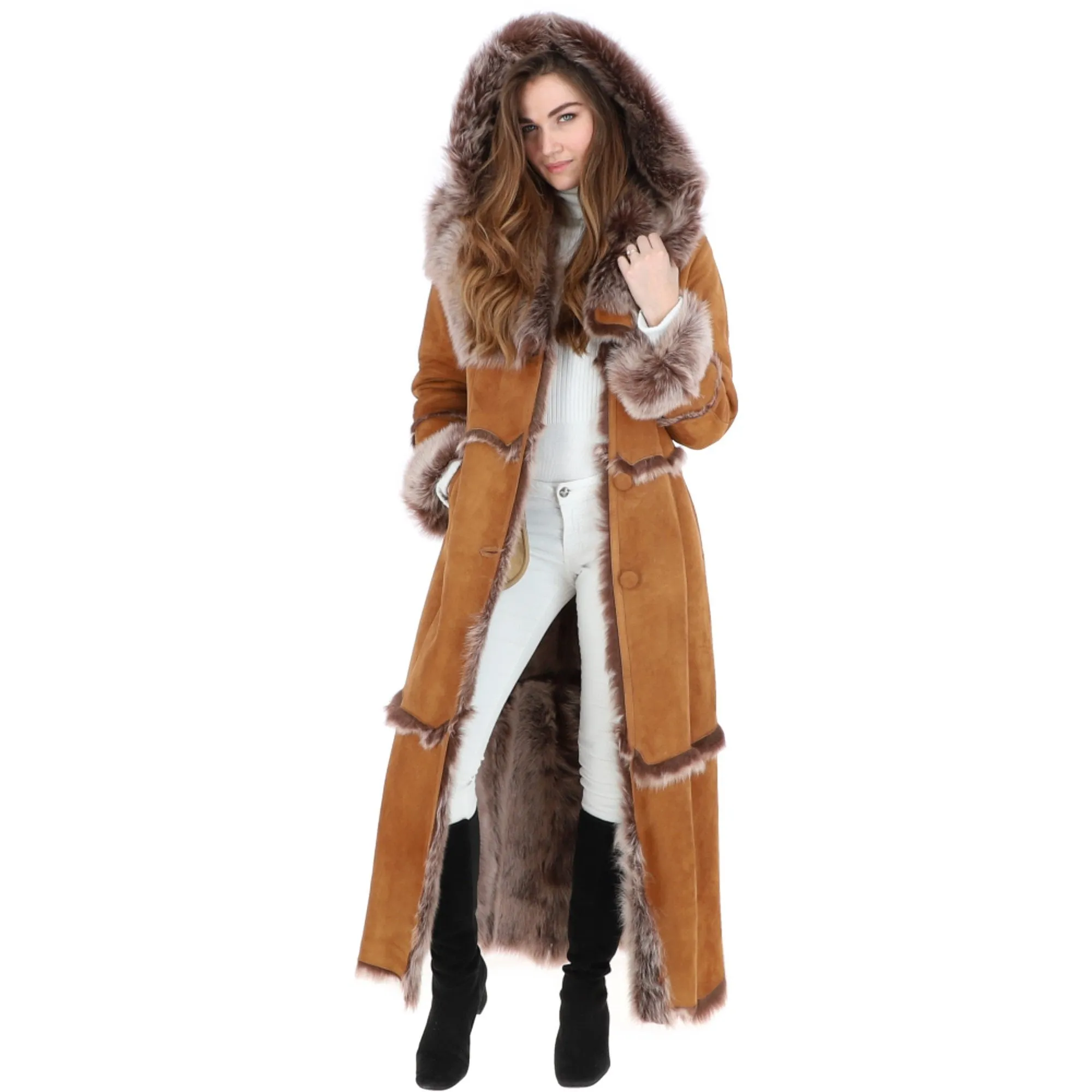 Sophia Sheepskin Coat in Tan-Length Sheepskin Coat