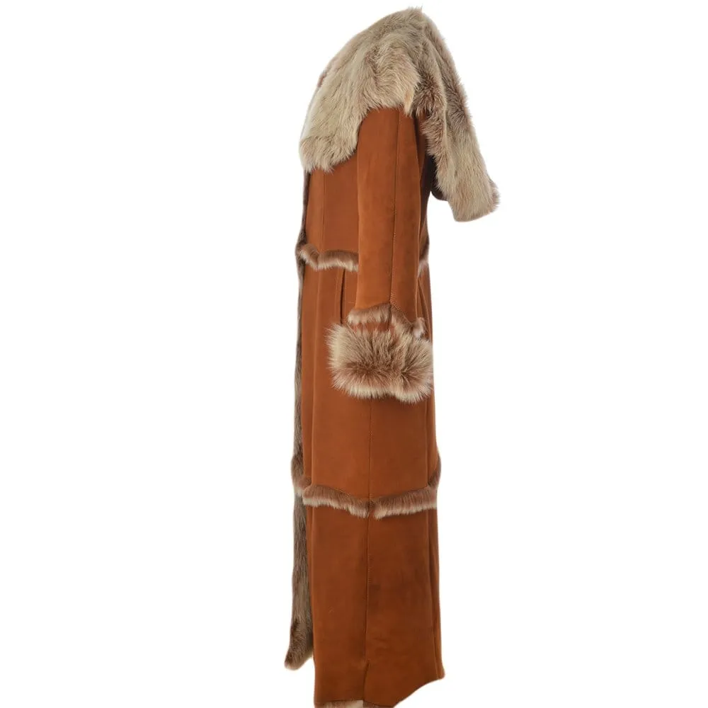 Sophia Sheepskin Coat in Tan-Length Sheepskin Coat