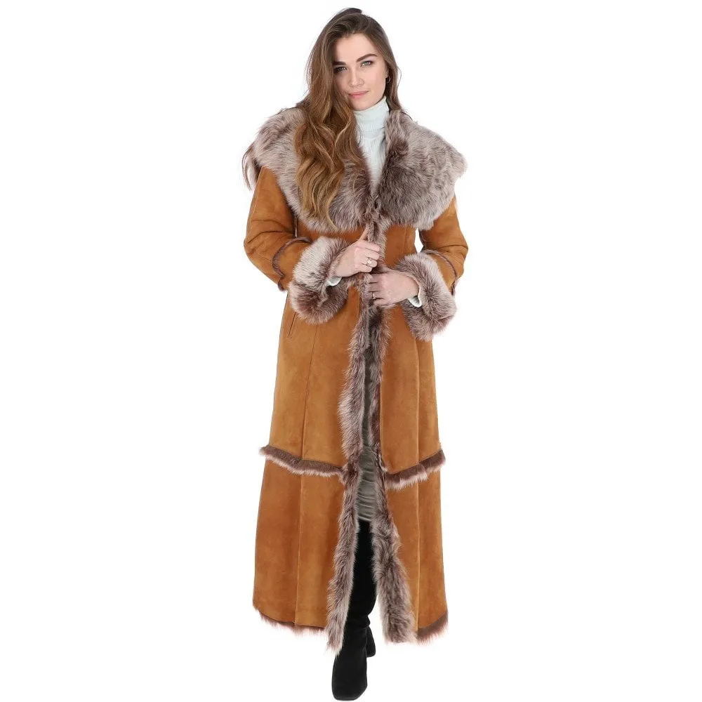 Sophia Sheepskin Coat in Tan-Length Sheepskin Coat