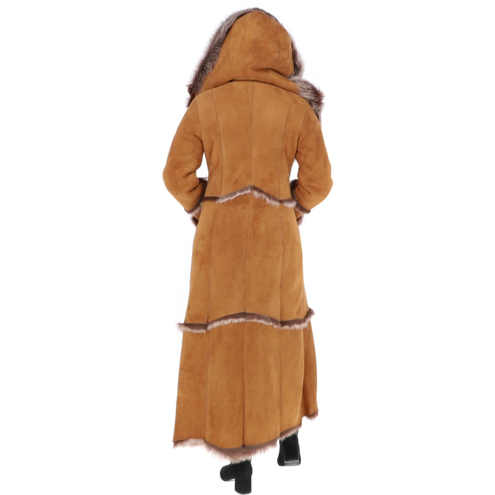 Sophia Sheepskin Coat in Tan-Length Sheepskin Coat