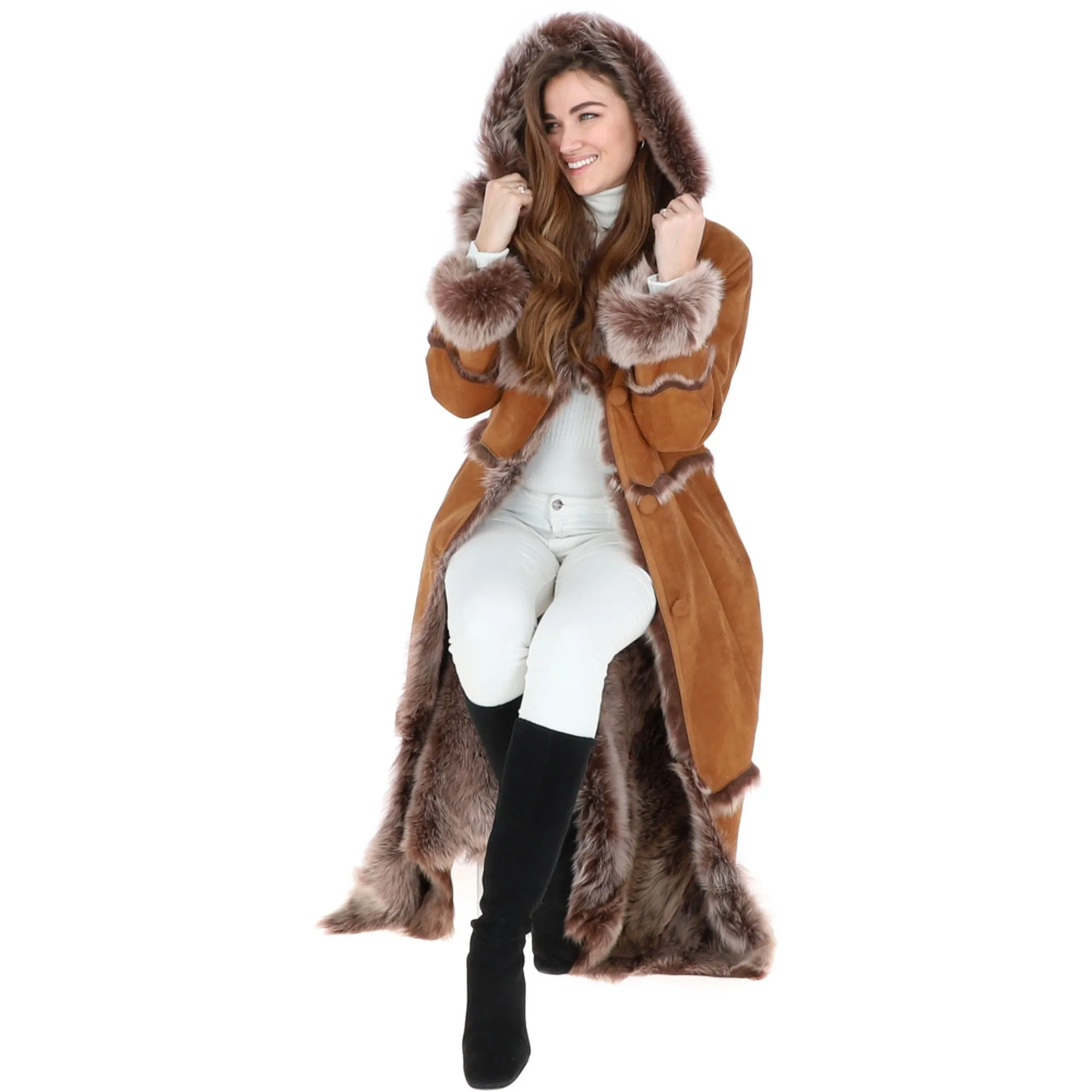 Sophia Sheepskin Coat in Tan-Length Sheepskin Coat