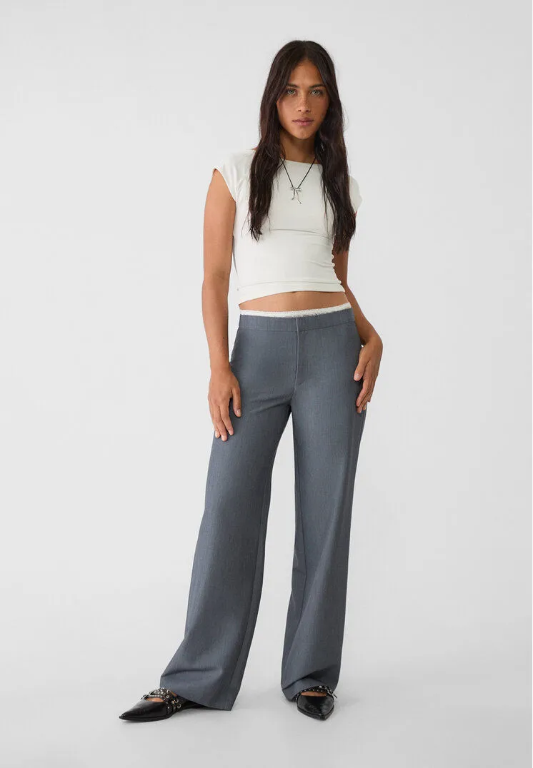 Dark Grey Smart Lace Waistband Straight-leg Trousers