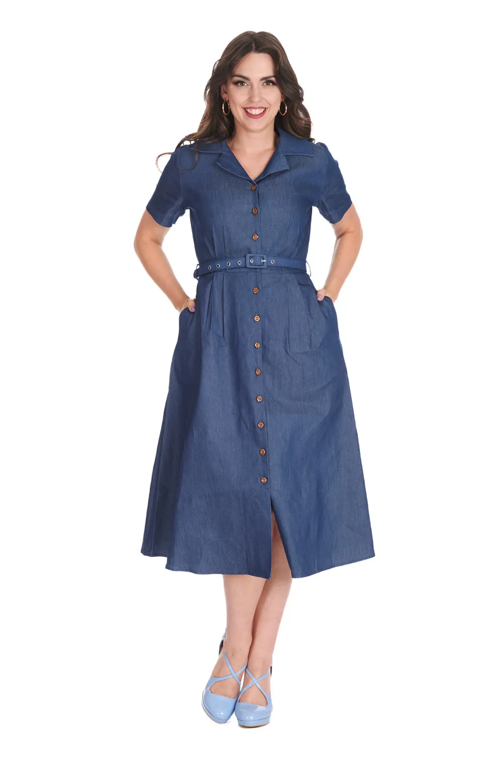 Ladies' sleeveless light blue denim dress with side pockets.