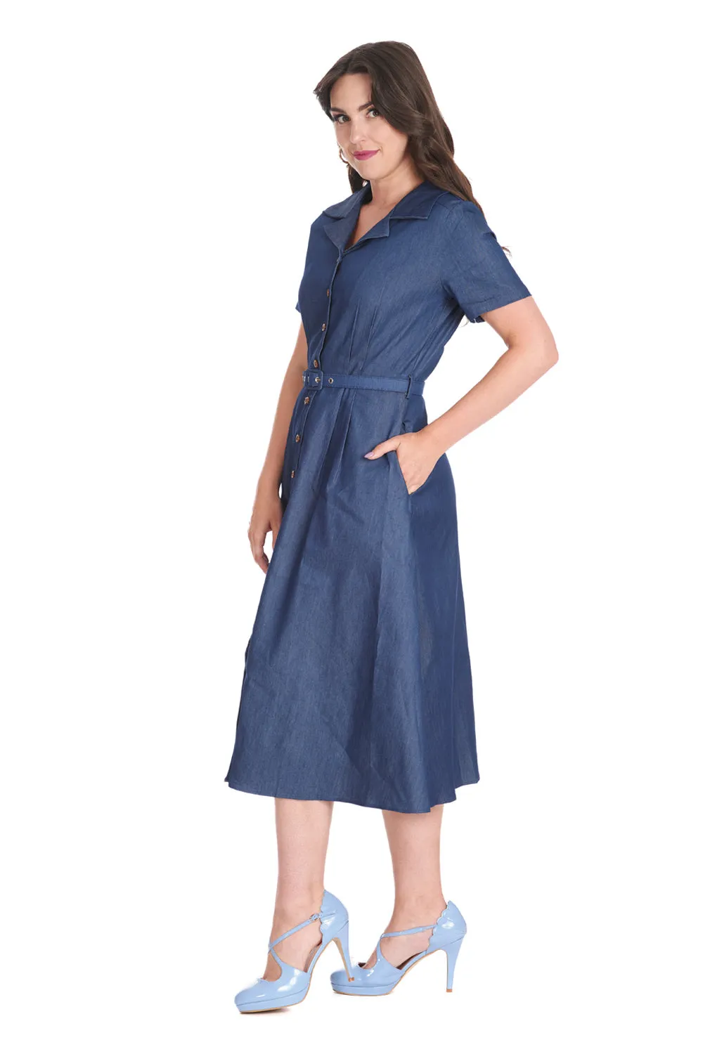 Ladies' sleeveless light blue denim dress with side pockets.