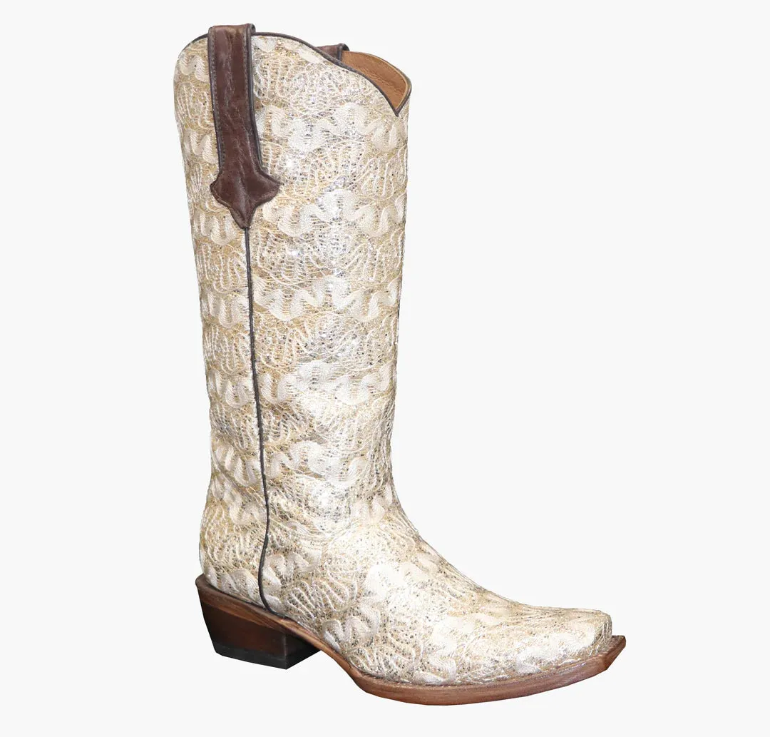 Tanner Mark Women's Beige Western Boot with Shimmer Detail for Brides