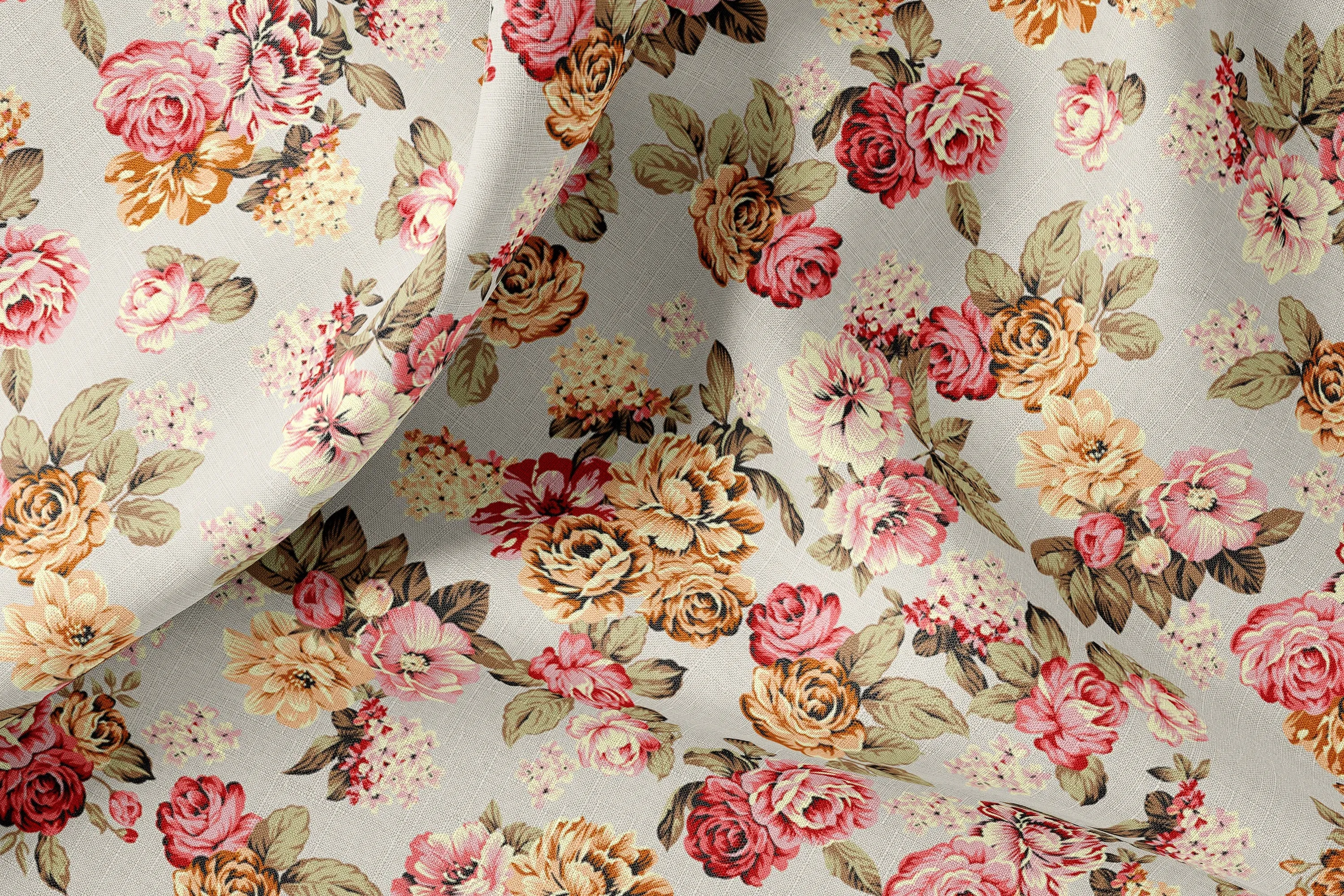 Vintage Linen Fabric Yard Meter Antique Roses Bedding Curtains Clothing Table Cloth Pill