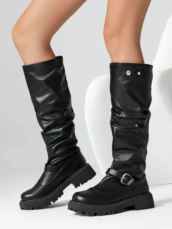 Women's Black Round Toe Buckle Detail Ruched Flat Knee High Boots