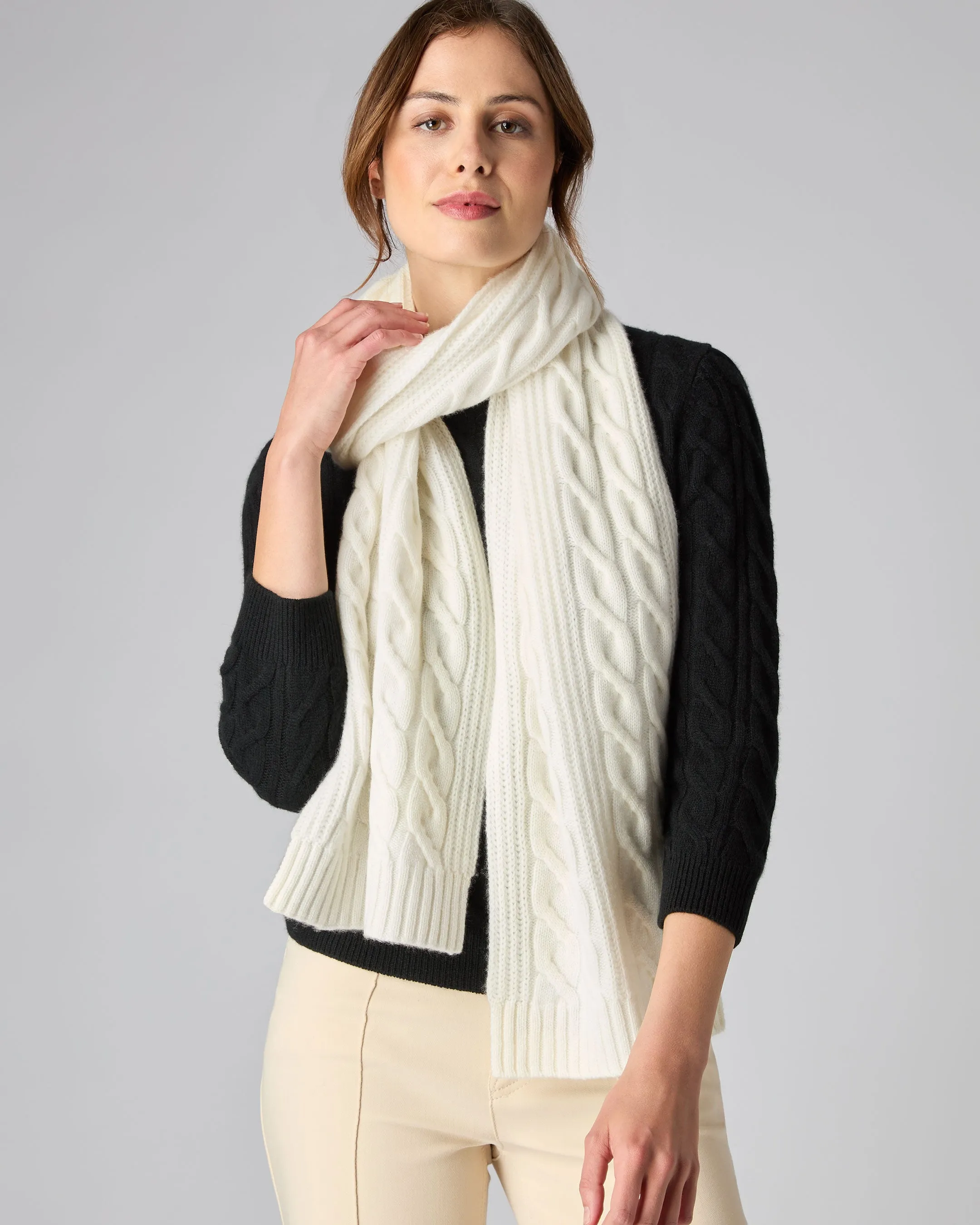 Cashmere Scarf - Women's Cable Rib in New Ivory White