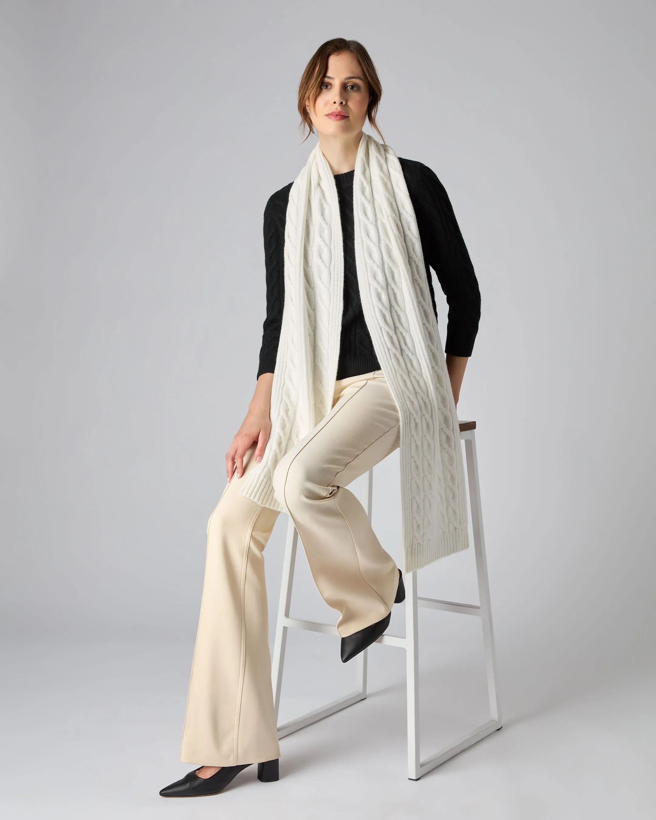 Cashmere Scarf - Women's Cable Rib in New Ivory White