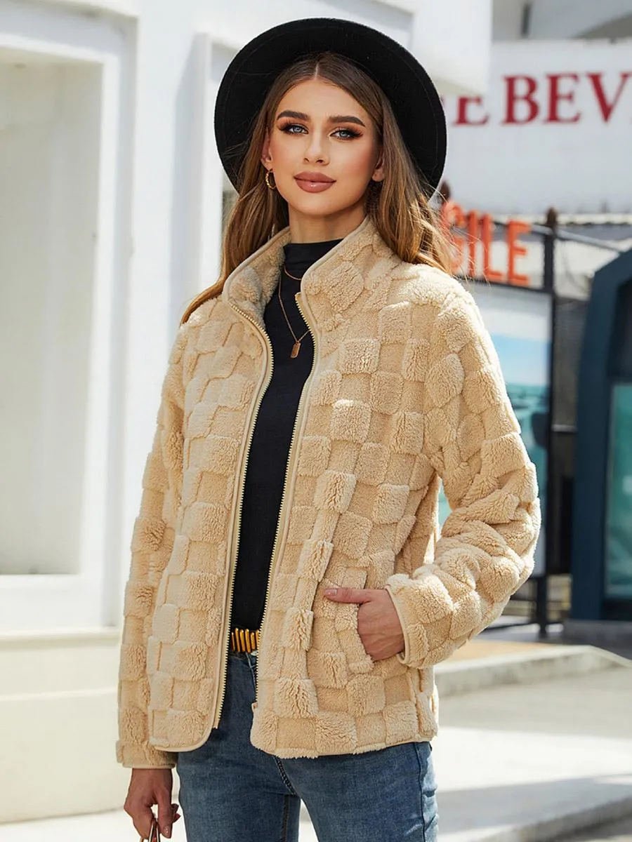 Women's Checkerboard Jacket with Stand Collar, Long Sleeves, and Zip-Up Closure