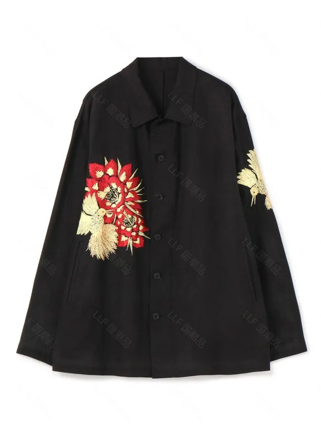 Yohji Yamamoto silk-linen jacket with hummingbird embroidery