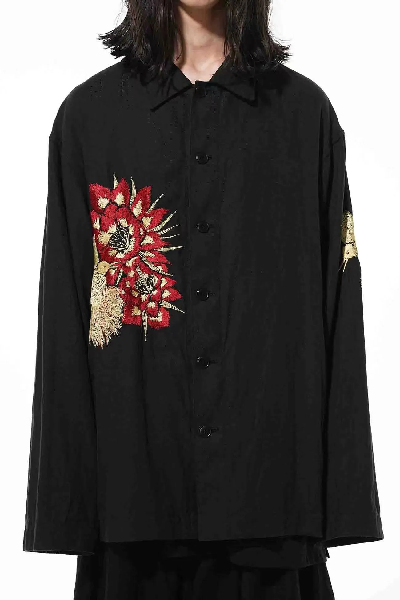 Yohji Yamamoto silk-linen jacket with hummingbird embroidery