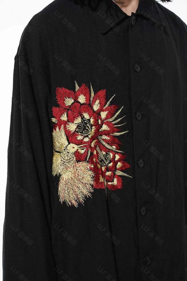 Yohji Yamamoto silk-linen jacket with hummingbird embroidery